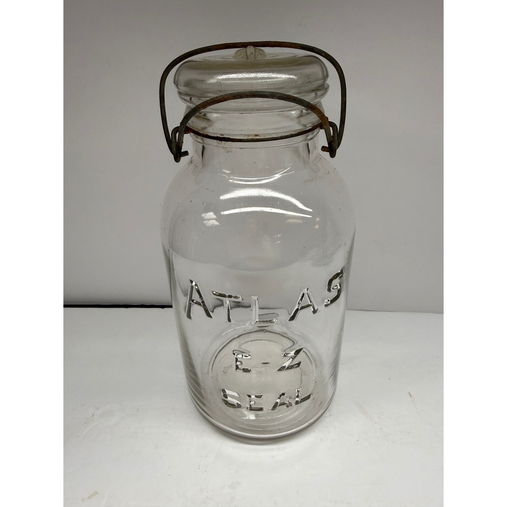 Vintage Atlas E-Z Seal Clear Glass Canning Jar with Glass Lid and Wire Bail